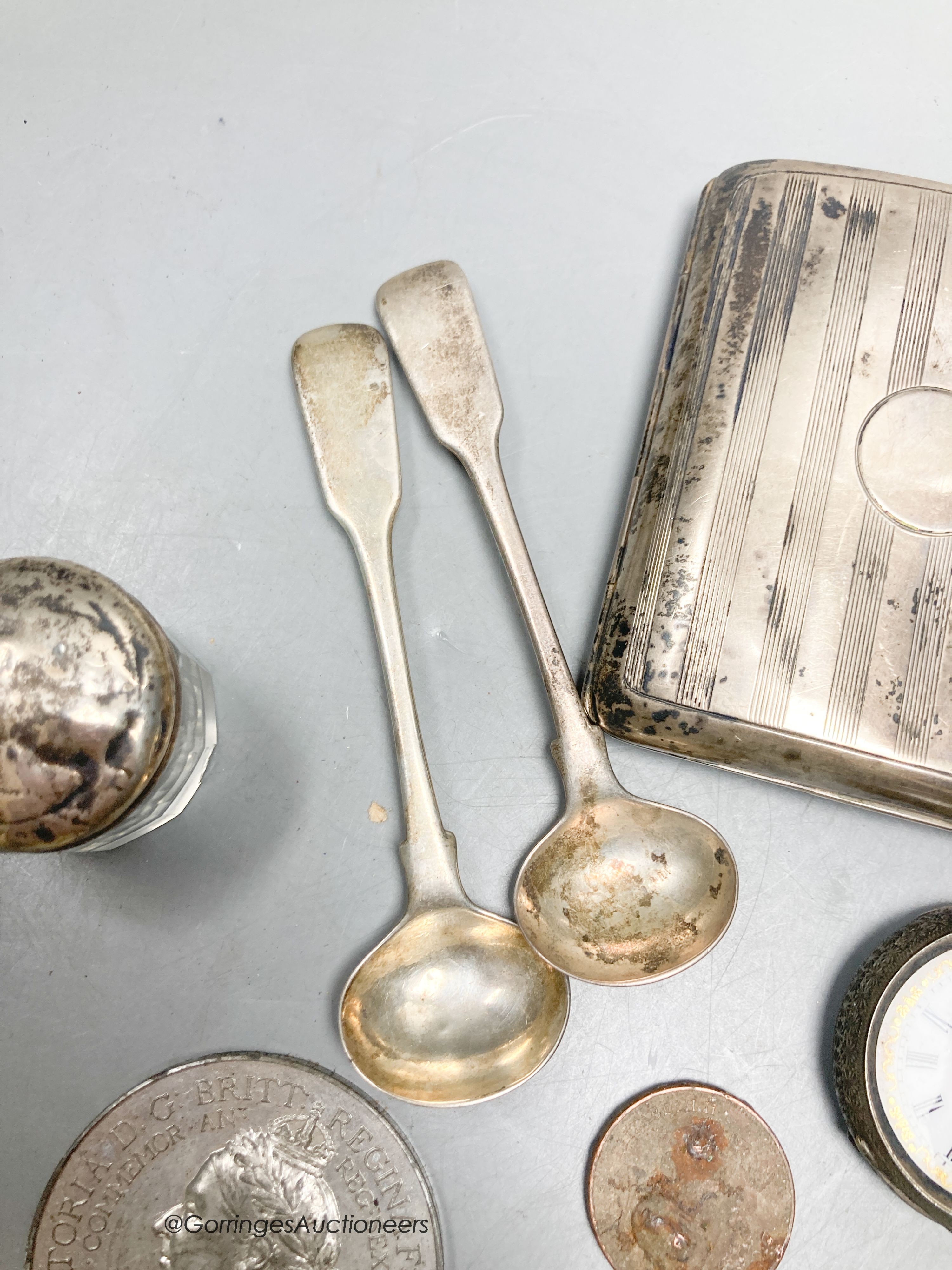 A silver cigarette case, two pocket watches, small pot etc.